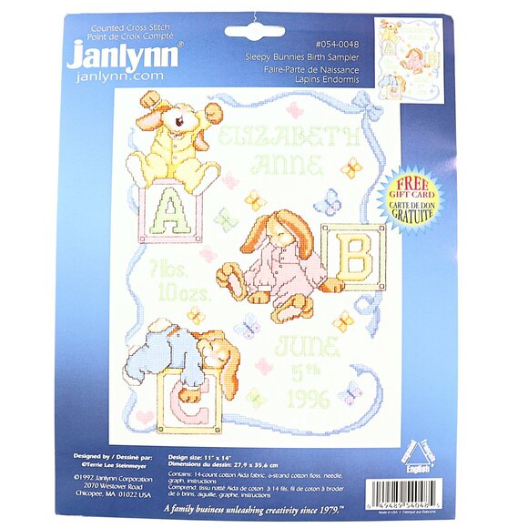 Janlynn Birth Announcement Sampler Sleepy Bunnies ABC's Cross Stitch Kit 11"x14" - Picture 2 of 5